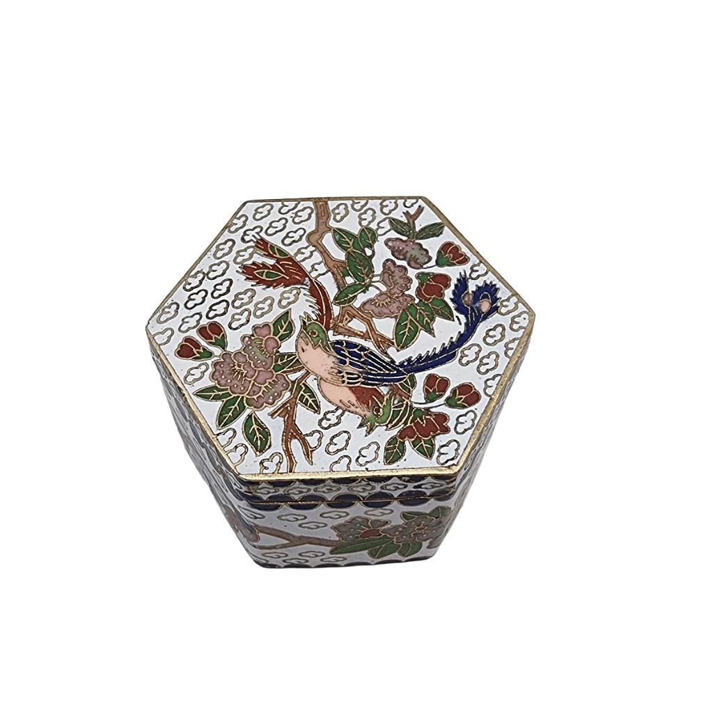 Hexagonaal cloisonné sieradendoosje met vogels, Ophalen of Verzenden
