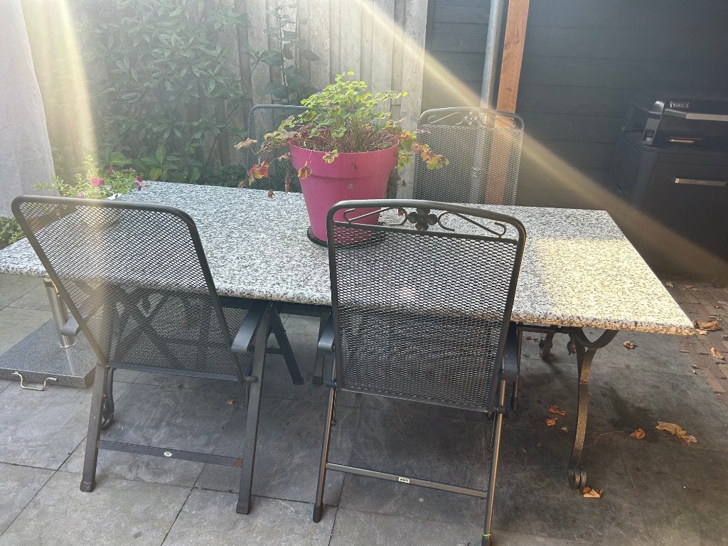 marmeren tuintafel met 6 verstelbare stoelen, Ophalen, Gebruikt, 6 zitplaatsen, Aluminium