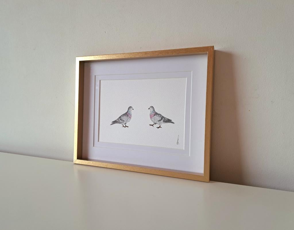 Origineel aquarel schilderij duifjes | Inclusief lijst, Antiek en Kunst, Ophalen of Verzenden