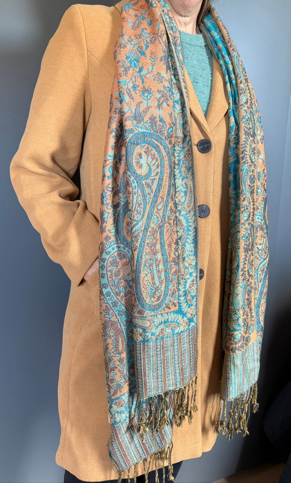 Vero Moda jas, maat L, okergeel met bijpassende sjaal, Ophalen of Verzenden, Zo goed als nieuw, Maat 42/44 (L), Blauw