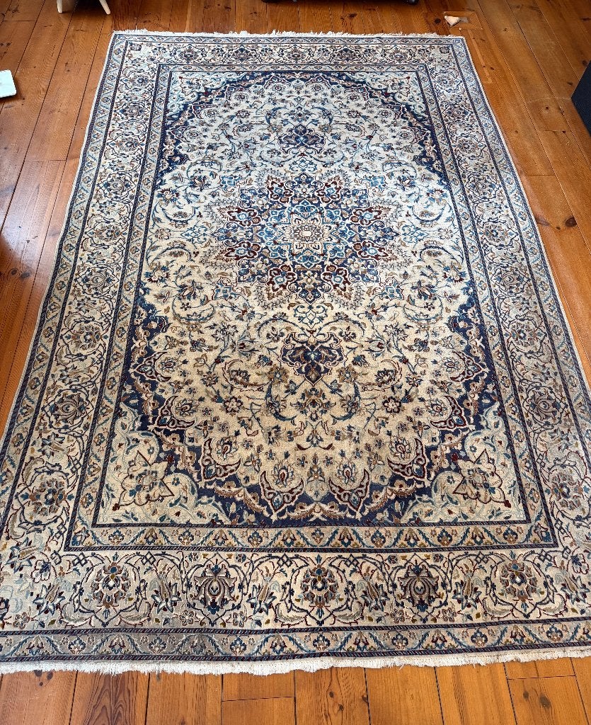 Handgeweven Perzisch tapijt met certificaat 310 x 202 cm, Ophalen, Gebruikt, Blauw, 200 cm of meer