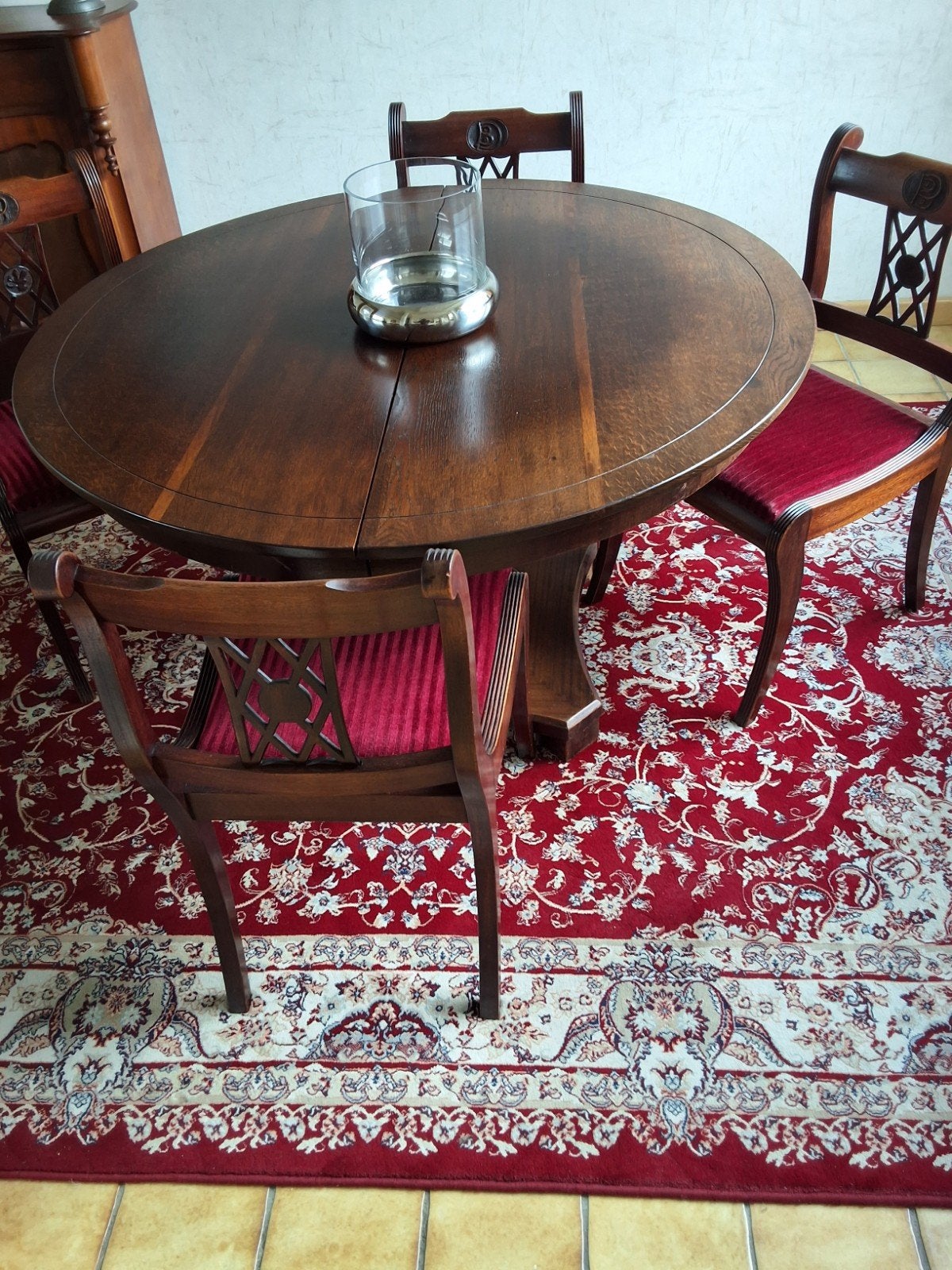 eettafel uitschuifbaar 4/6 persoons incl.6 bordeaux stoelen, Ophalen