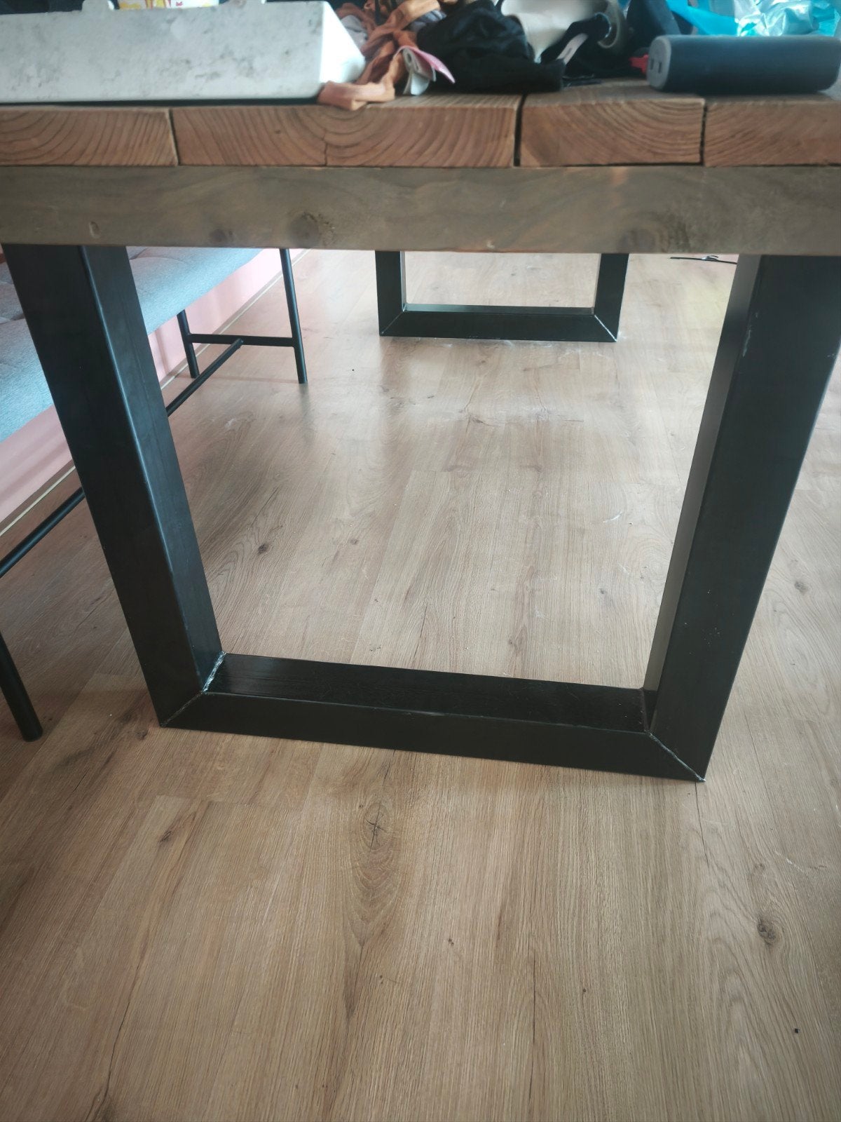 Metalen onderstel voor houten eettafel (inclusief oud blad), Overige houtsoorten, Gebruikt, Industrieel, robuust, 150 tot 200 cm
