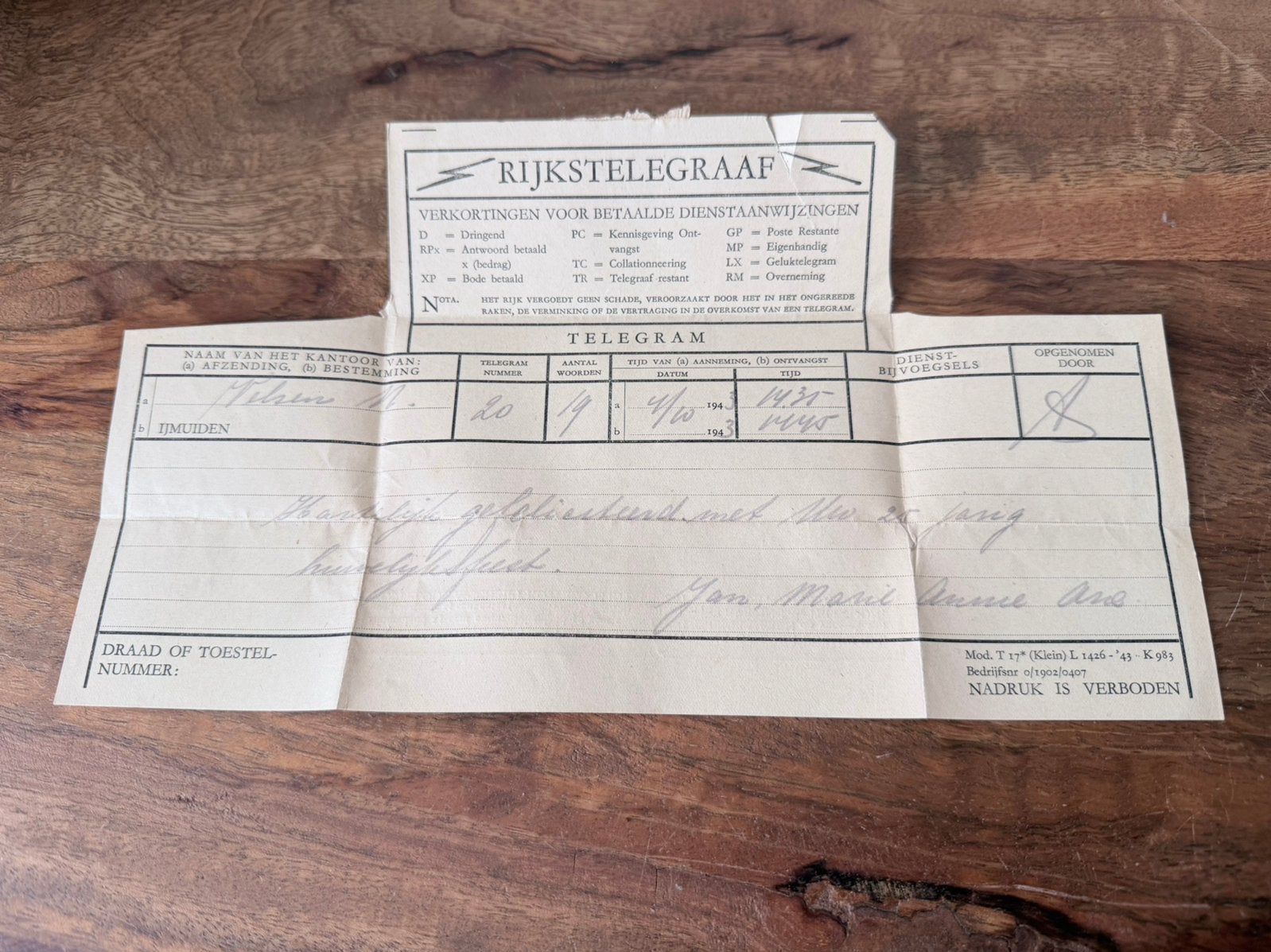 Origineel Rijkstelegraaf telegram 1943 – Tweede Wereldoorlog, Verzamelen, Militaria | Tweede Wereldoorlog, Ophalen of Verzenden