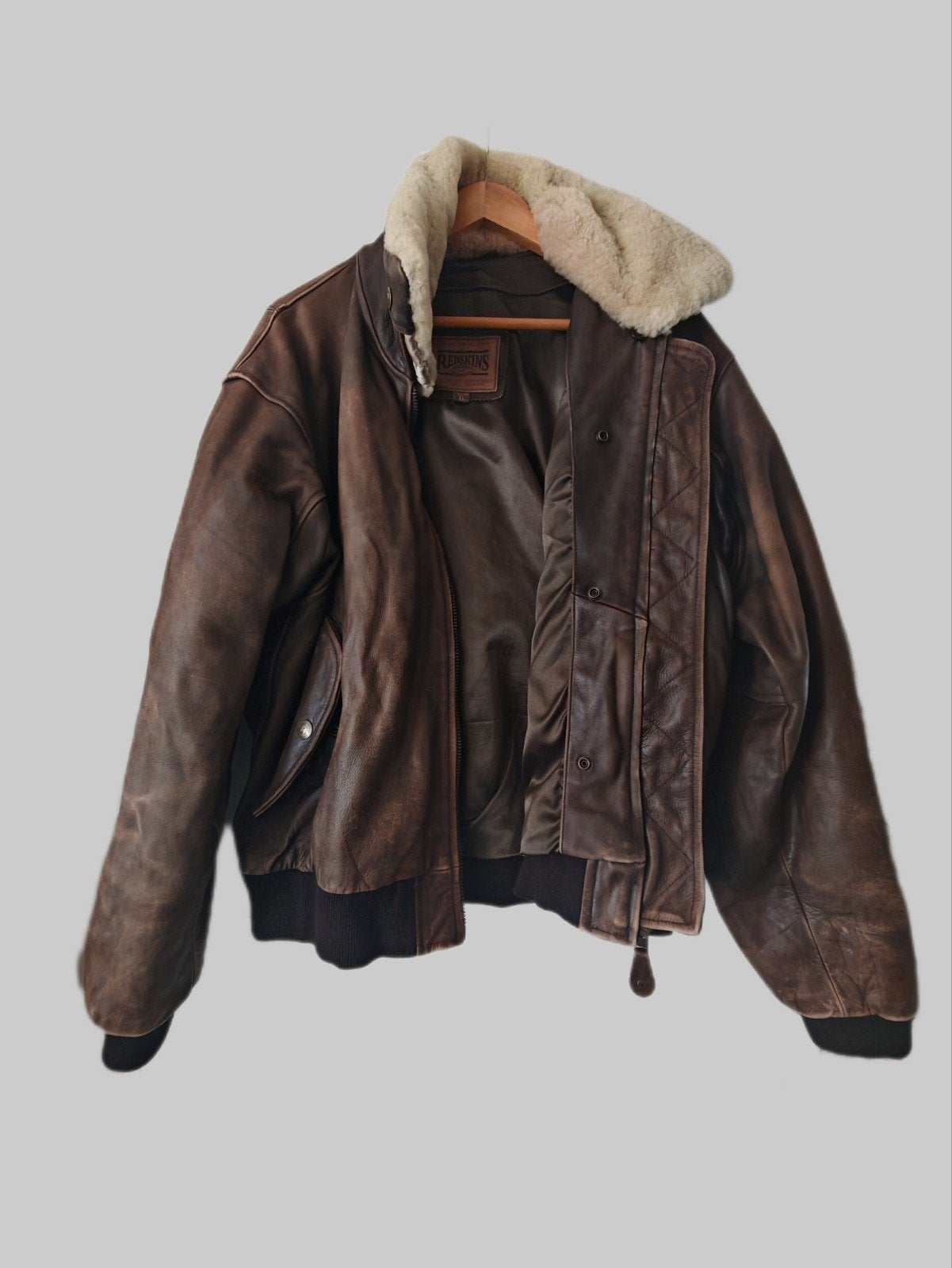 Vintage Redskins flight bomber jack | leer maat XL, Bruin, Maat 56/58 (XL), Ophalen of Verzenden, Gedragen