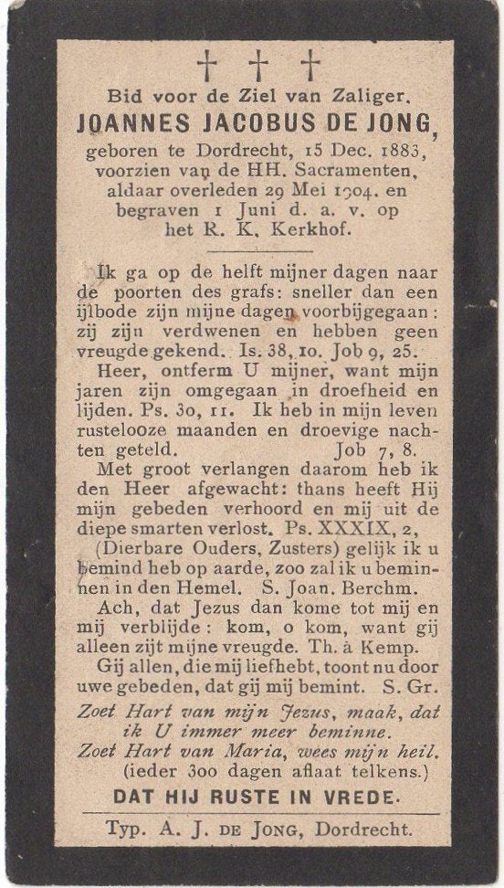 Joannes Jac. de Jong 1883 - 1904 Dordrecht, 20 jaar oud, Verzamelen, Bidprentjes en Rouwkaarten, Verzenden