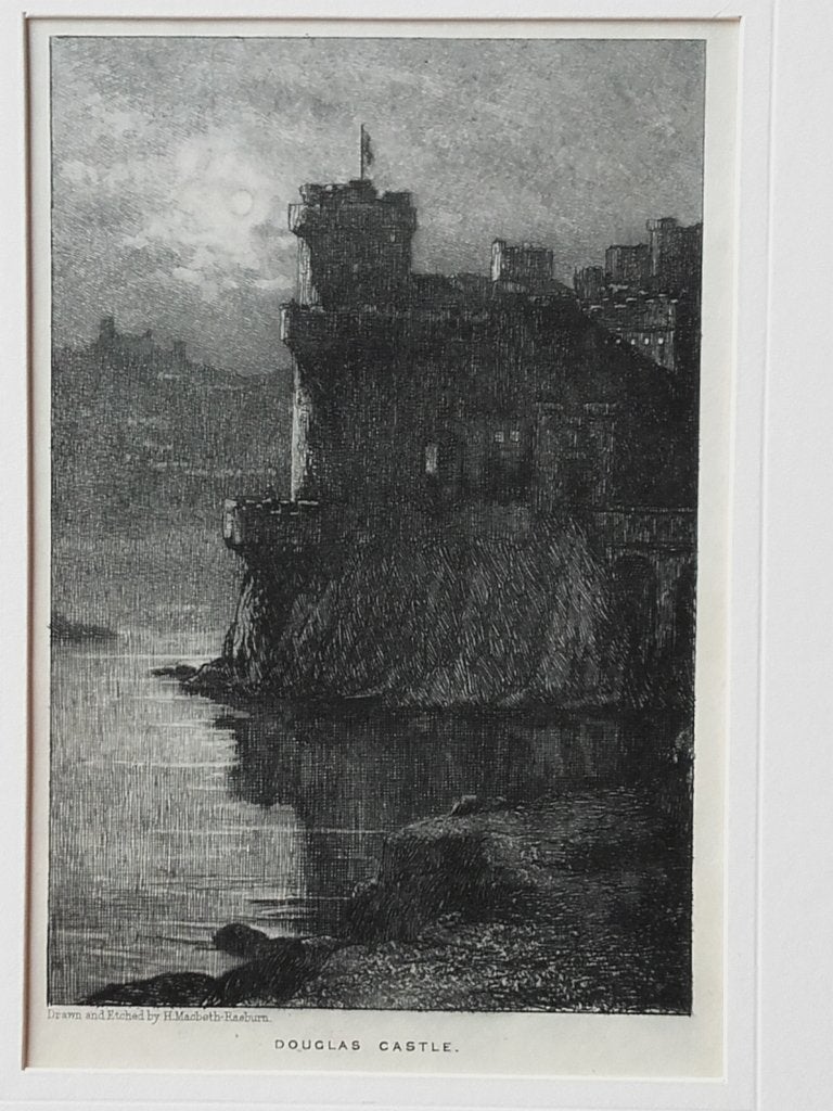 Mooie originele antieke ets uit Engeland van Douglas castle., 1800 - 1899, Ets, Ophalen of Verzenden, Landschap