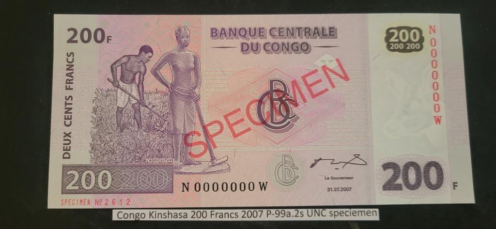 Congo Kinshasa 200 Francs 2007 P-99a.2s UNC specimen, Ophalen of Verzenden