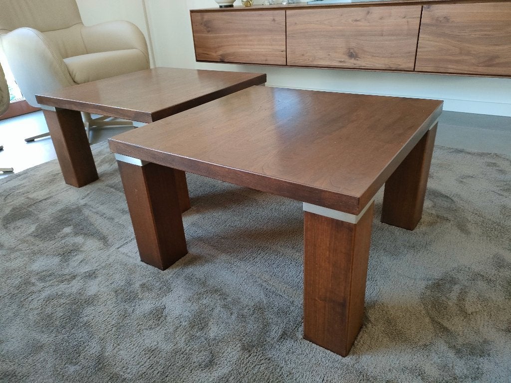 Te koop: salontafels 2-delig notenhout, Ophalen, Gebruikt, 50 tot 100 cm, Vierkant