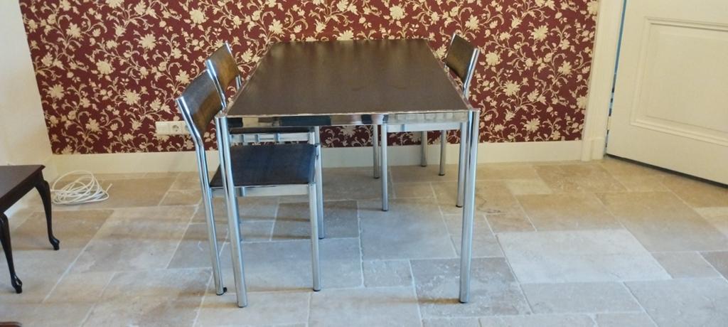 Vintage chrome tafel met 3 stoelen, Ophalen, Gebruikt, 100 tot 150 cm, 50 tot 100 cm
