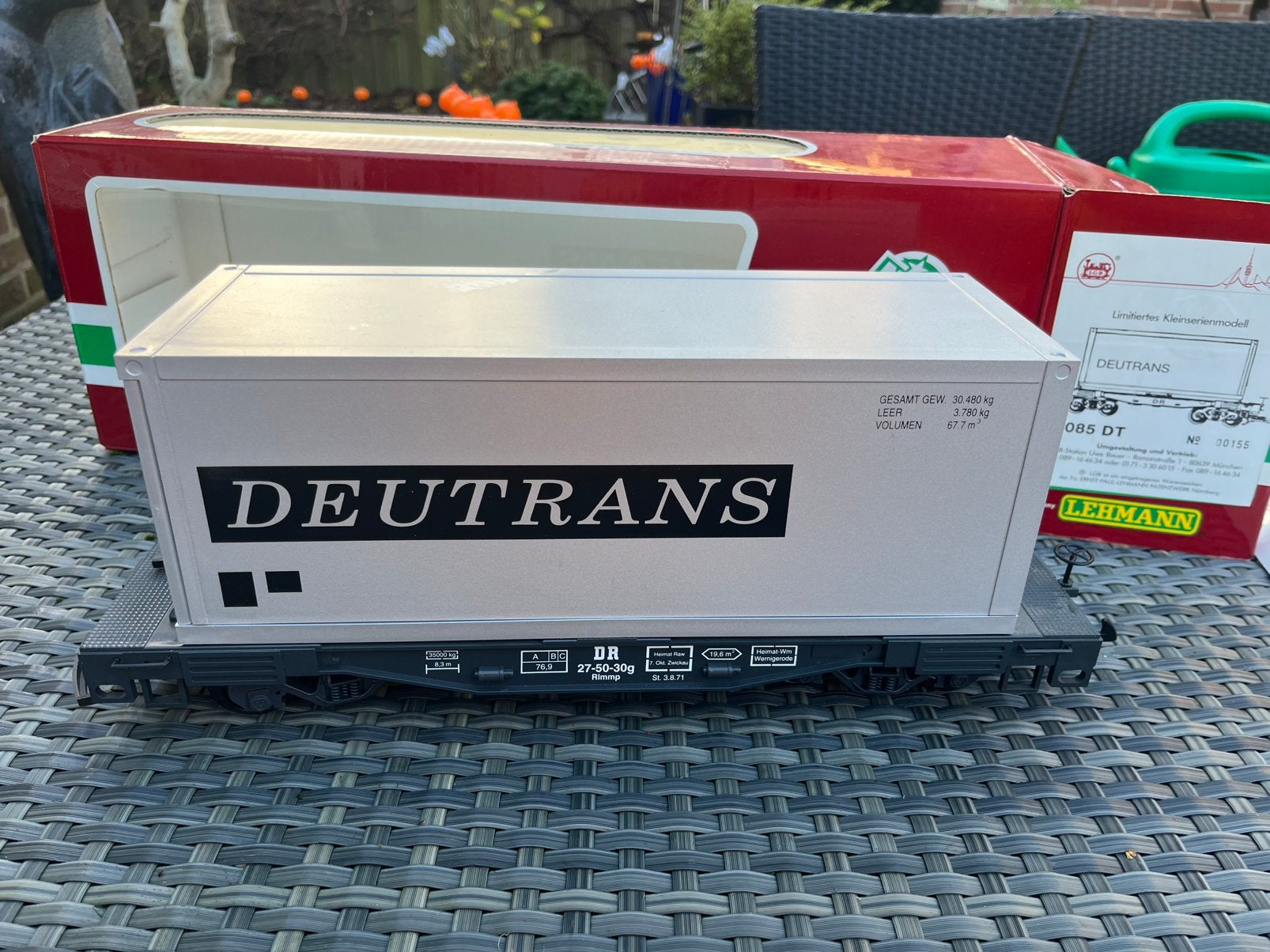 LGB 4085 DT zeldzame Deutrans containerwagon met certificaat, Gelijkstroom, Wagon, Ophalen of Verzenden, Zo goed als nieuw