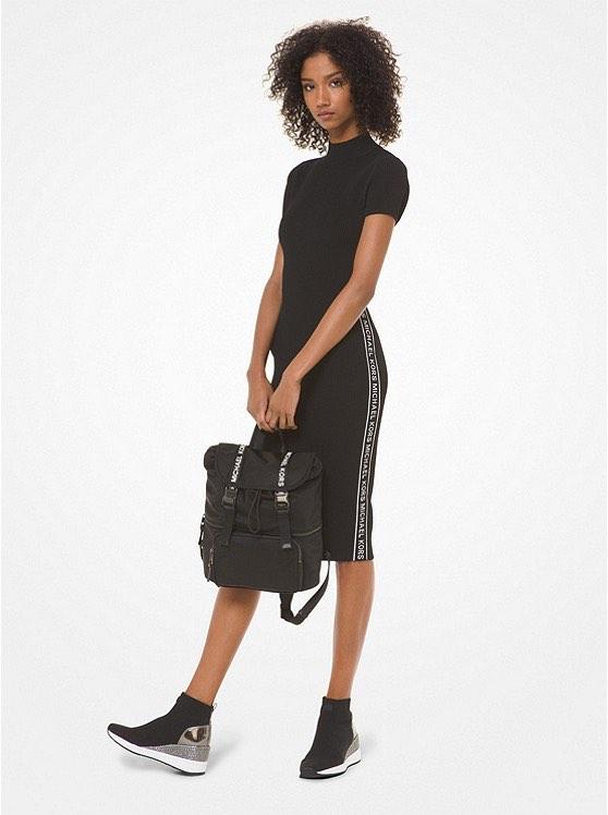 Dames Michael Kors logo tape ribbed maxi jurk knit mock neck, Michael Kors, Zwart, Ophalen of Verzenden, Zo goed als nieuw