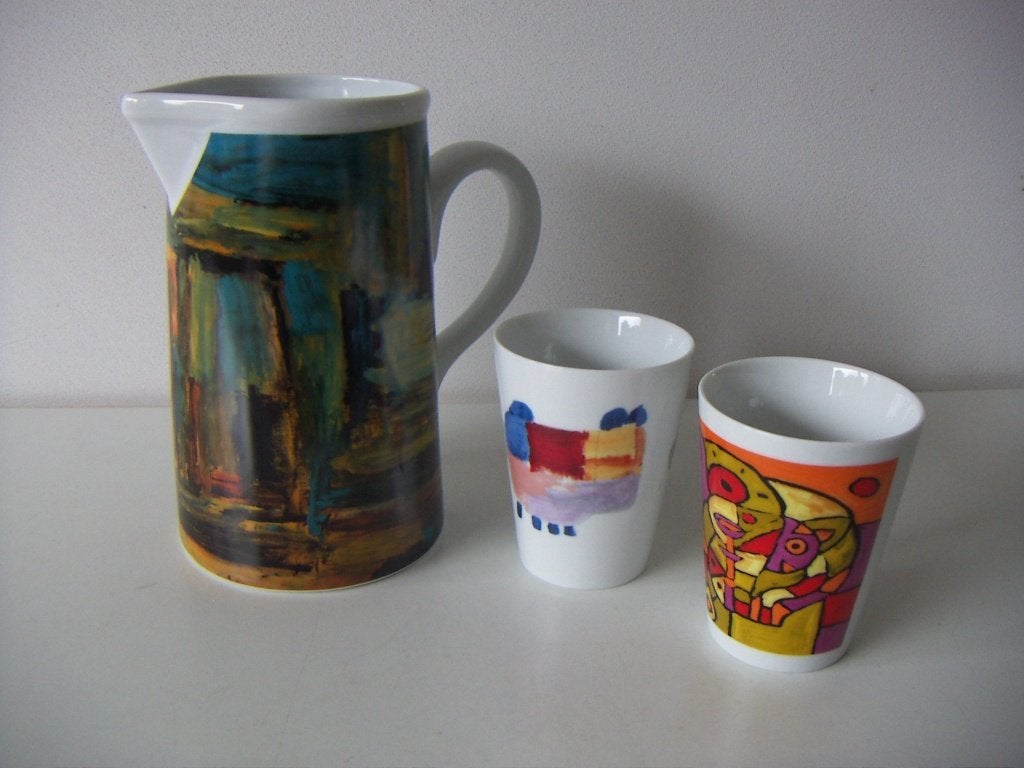 Schoonhoven plateel keramiek kan met bekers. Ontw. Cambier., Kan, Overige merken, Ophalen of Verzenden, Zo goed als nieuw