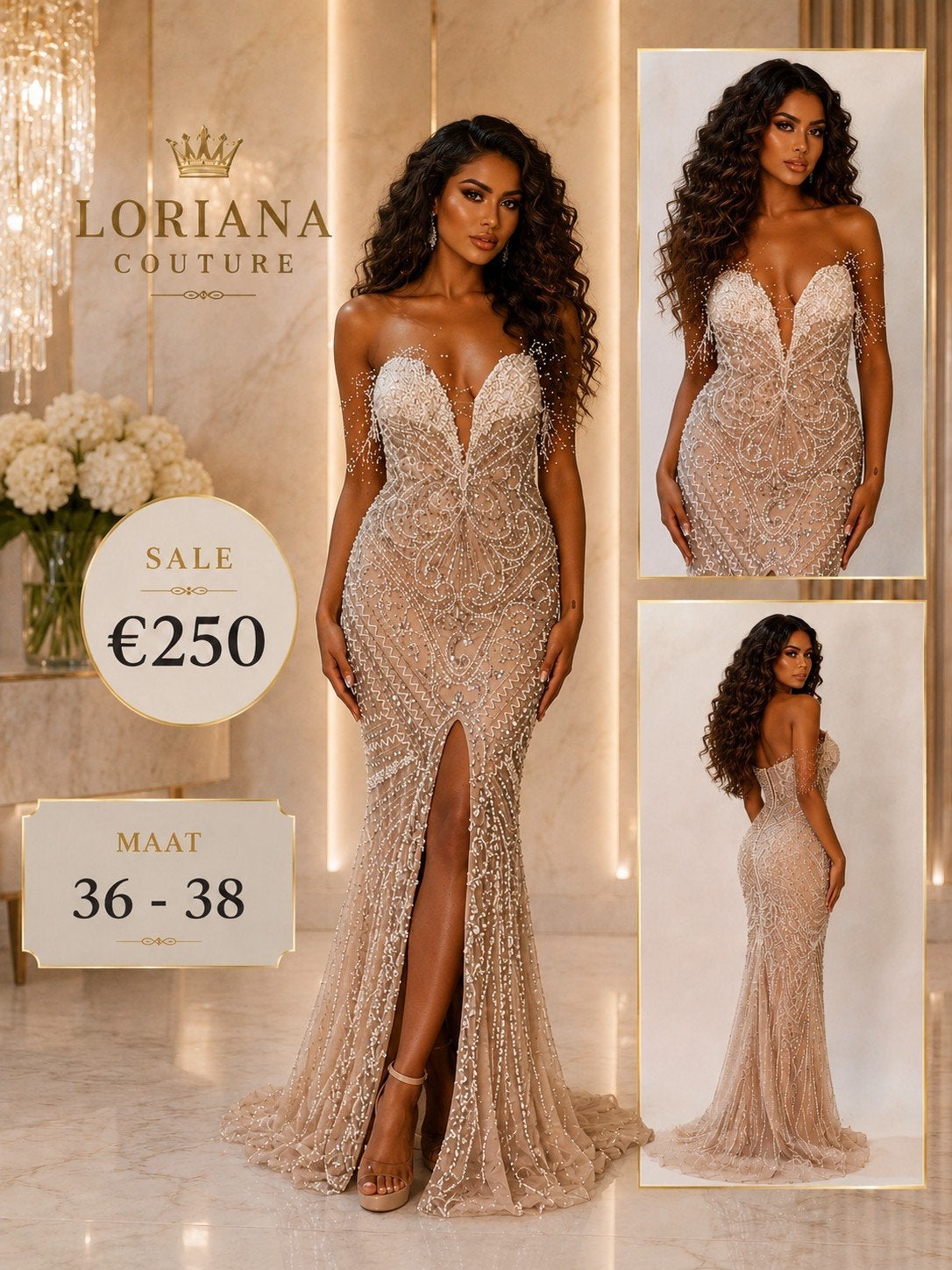 Loriana Couture Galajurk - Beige met kralen, Maat 36-38, Galajurk, Beige, Loriana Couture, Ophalen of Verzenden