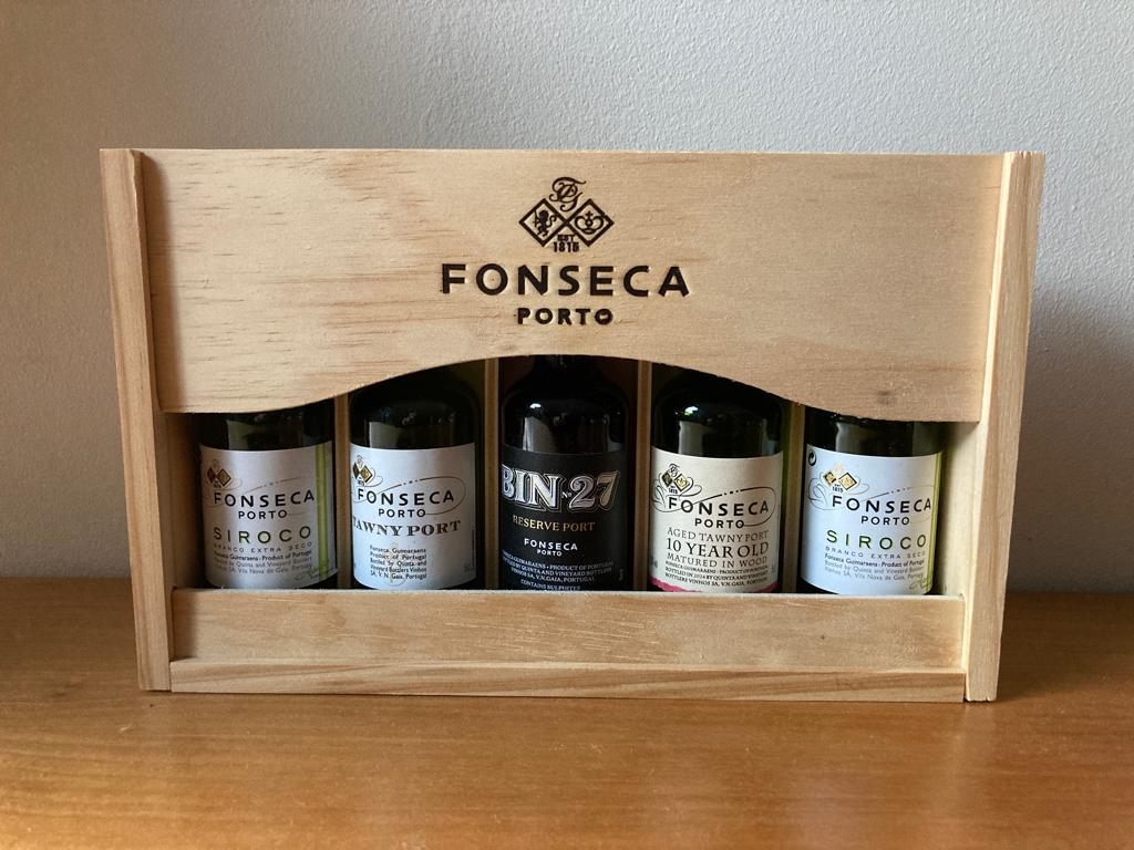 Fonseca 5 flesjes Port in houten box - miniatuur set (leeg), Ophalen of Verzenden, Gebruikt, Verpakking