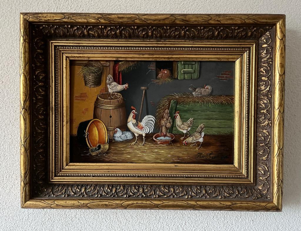 Leuk kippenschilderij op paneel.