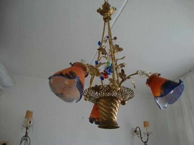 Oude Franse Messing Mand Hanglamp Met Muller Freres Kappen, Ophalen