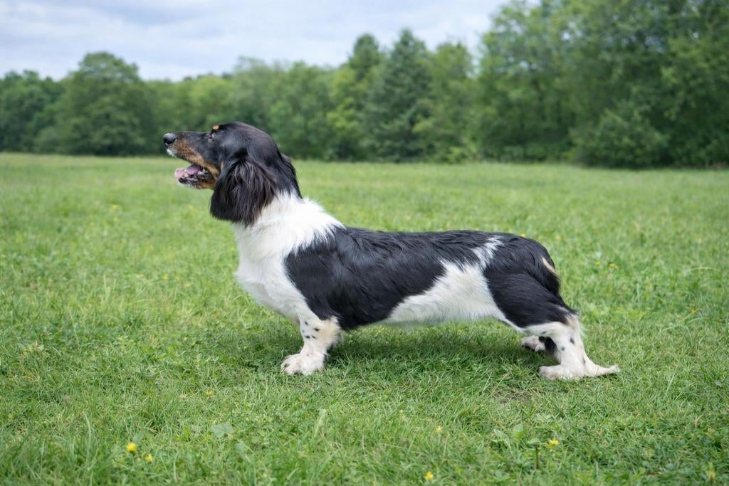 Langhaar dwerg teckel dekreu Piebald., Fokker | Hobbymatig, Reu, 1 tot 2 jaar, Buitenland