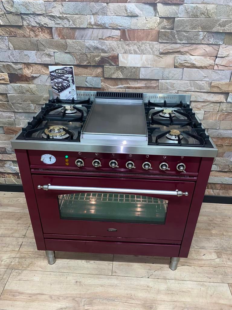 Luxe Bordeaux rode Boretti 5 pits met Frytop 90 cm, Witgoed en Apparatuur, 60 cm of meer, Ophalen of Verzenden, Zo goed als nieuw