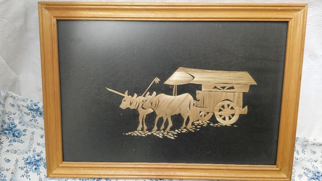 Stro-inleg kunst (ossen met kar) – 2333 cm, Antiek en Kunst, Kunst | Niet-Westerse kunst, Ophalen of Verzenden