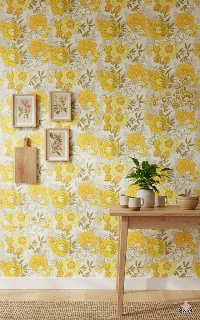 6765 fruit en ranken op prentfond vintage behang, Swiet, Huis en Inrichting, Stoffering | Behang, Grijs, 50 tot 75 m², Ophalen of Verzenden
