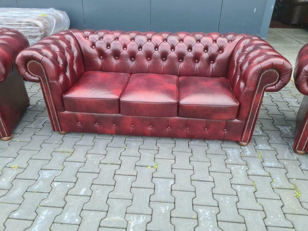 NIEUW Chesterfield bankstel rood zwart + GRATIS BEZORGD, Huis en Inrichting, Ophalen of Verzenden, Nieuw, Leer, Chesterfield