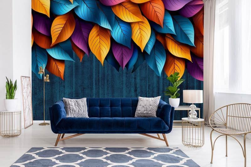 Fotobehang / Behang - Woonkamer - Sfeervolle Bladeren, Blauw, Botanisch, Ophalen of Verzenden, Minder dan 10 m²