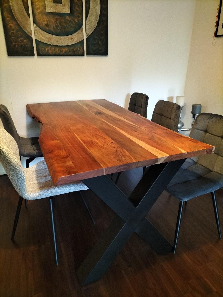 boomstamtafel acaciahout 160x90x77, Huis en Inrichting, Tafels | Eettafels, Ophalen, Gebruikt, 50 tot 100 cm, 150 tot 200 cm