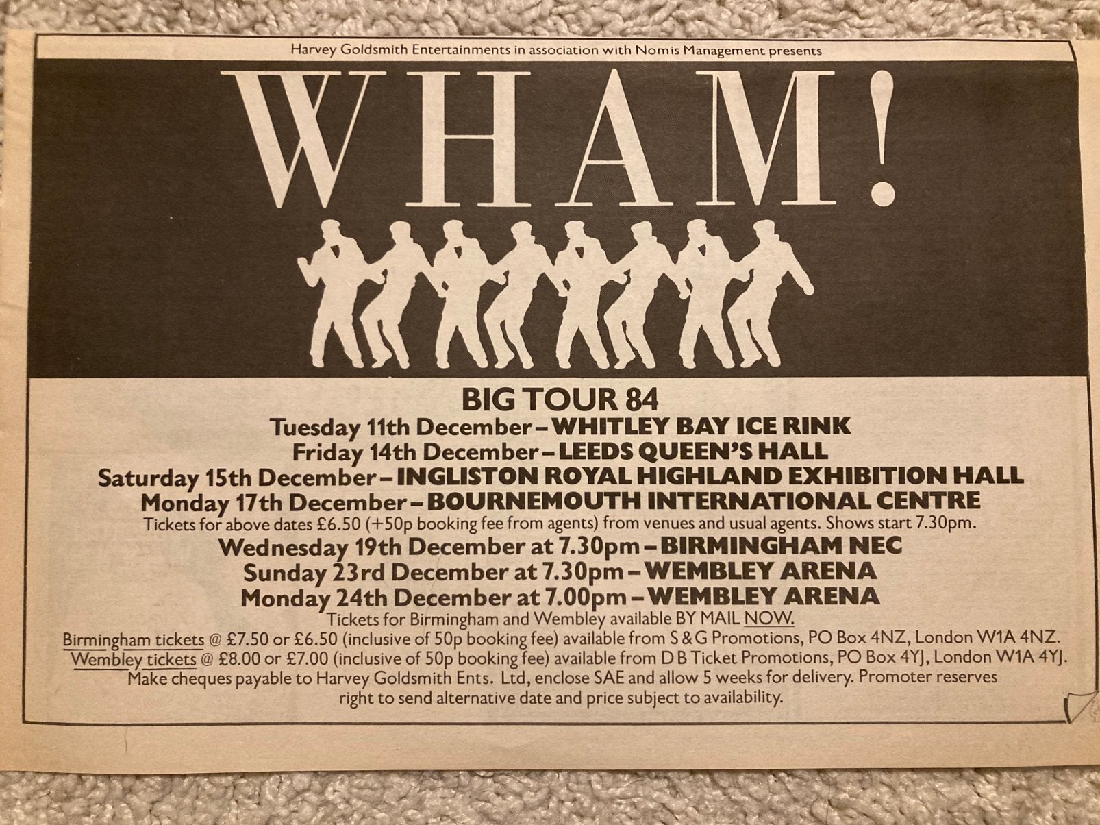 Paginagrote A4 advertentie WHAM Big Tour 1984, Ophalen of Verzenden, Zo goed als nieuw