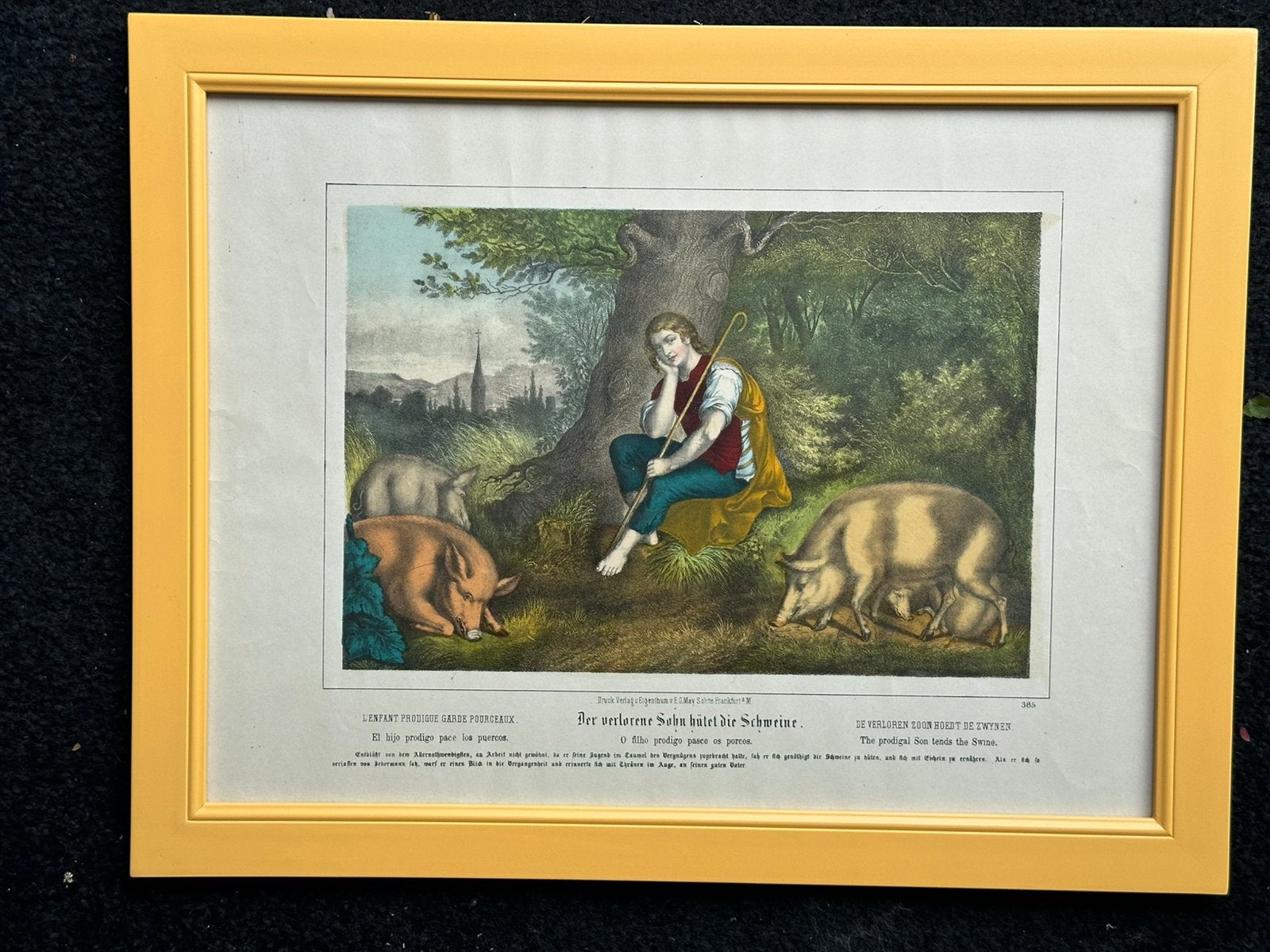 19 eeuws  lithografie schilderij Zwijnenhoeder 30/40 cm, Ophalen of Verzenden