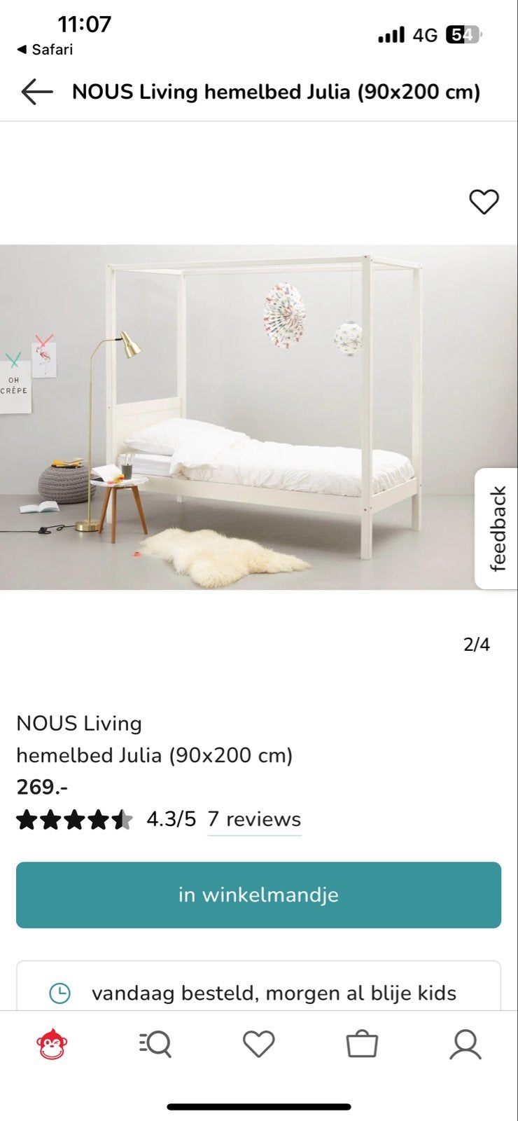 Nous Living Julia eenpersoons hemelbed (1,5 jaar) met matras, 85 tot 100 cm, Zo goed als nieuw, 180 cm of meer, Ophalen