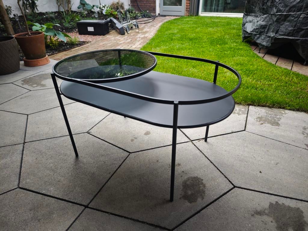 Metalen bijzettafel met glas - 80x45 cm, Ophalen, Minder dan 45 cm, Metaal of Aluminium, Zo goed als nieuw