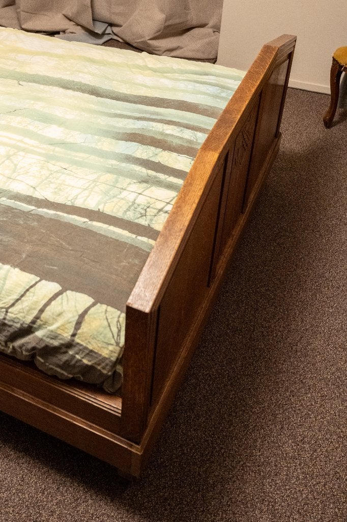 Bed Art Deco 140x200, Huis en Inrichting, Slaapkamer | Bedden, Gebruikt, Tweepersoons, 140 cm, 200 cm, Hout, Bruin, Ophalen
