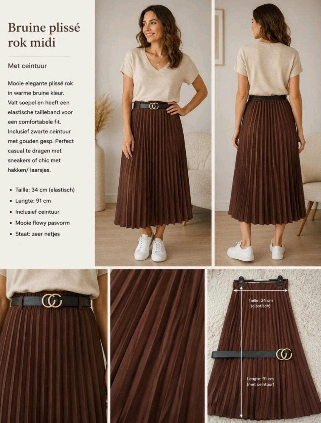 Elegante Bruine Plissé Rok met Ceintuur - Nieuw, Bruin, Nieuw, Ophalen of Verzenden, Maat 36 (S)