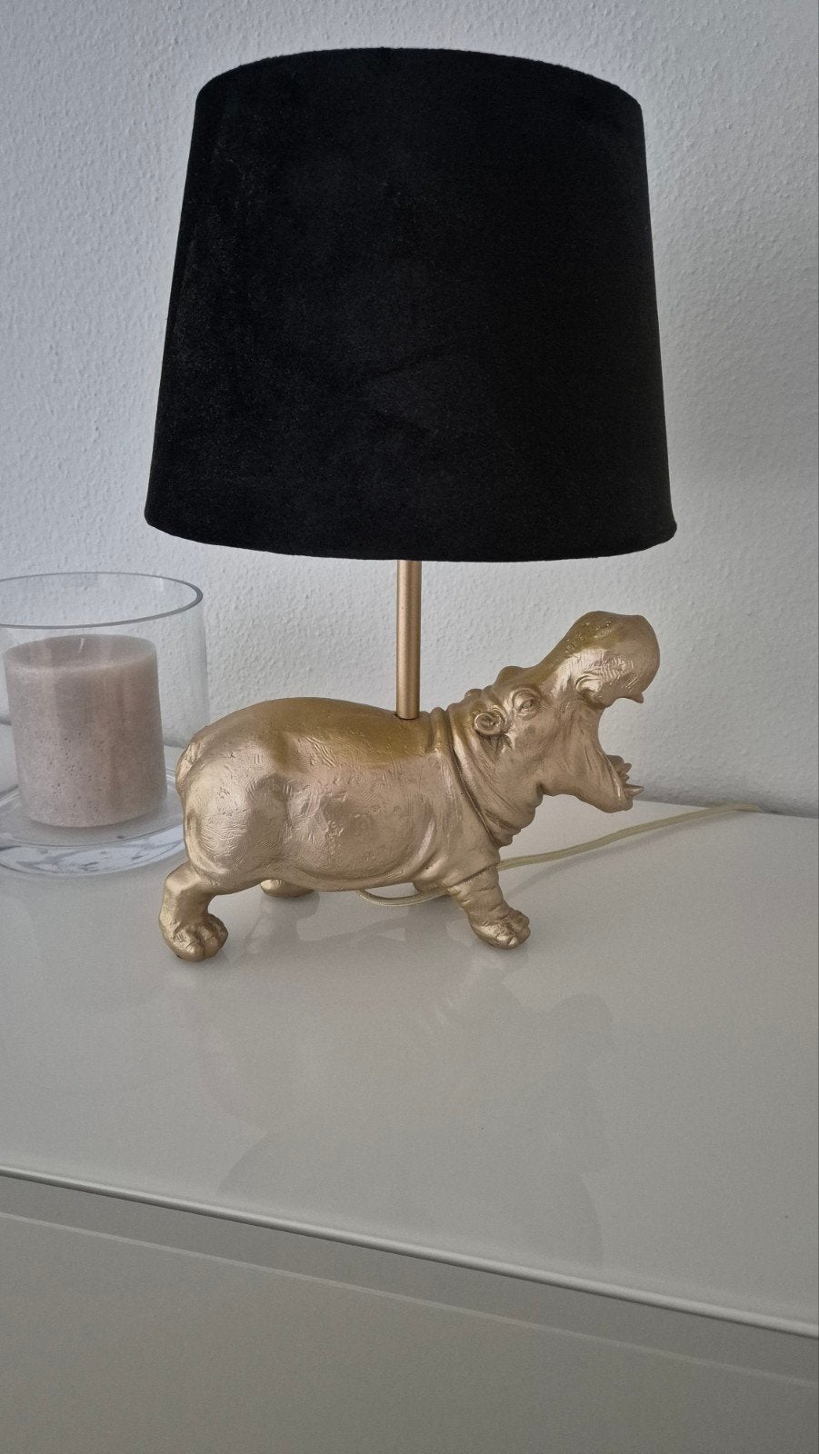 Gouden Nijlpaard Tafellamp met Zwarte velourse Kap, Ophalen, Goud, Met kap, Modern