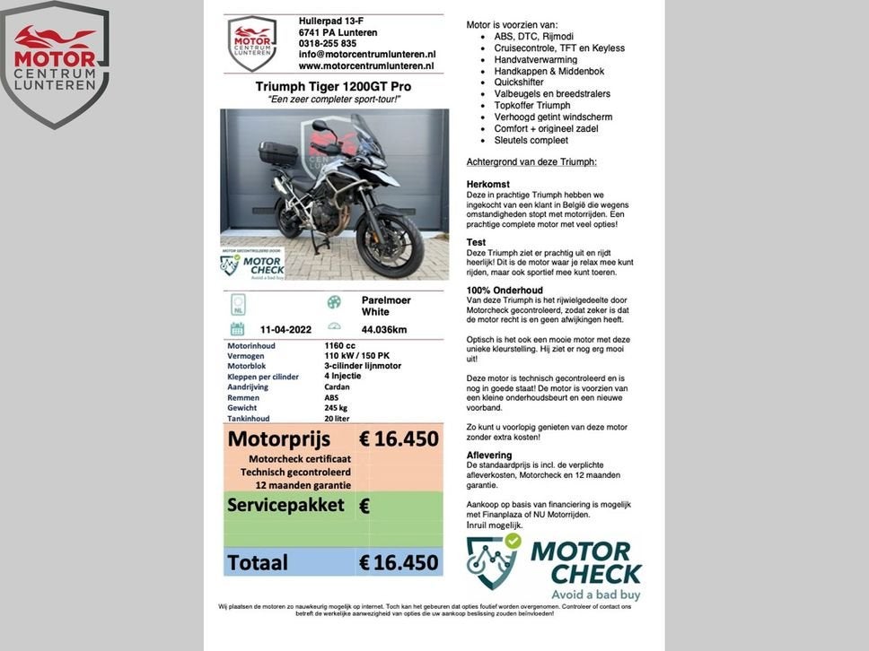 TRIUMPH Tiger 1200GT Pro compleet, 1215 cc, Motorrijbewijs A, Bedrijf, Meer dan 35 kW
