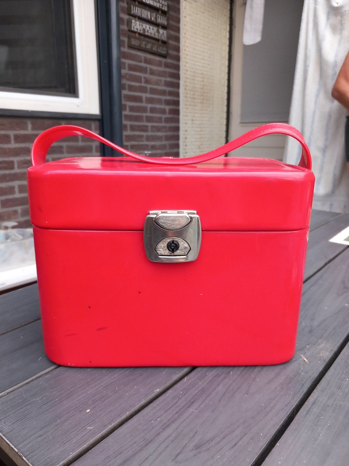 Vintage Rode Make-up Koffer met Spiegel, Gebruikt, Ophalen of Verzenden, Met spiegeltje(s), Hardcase