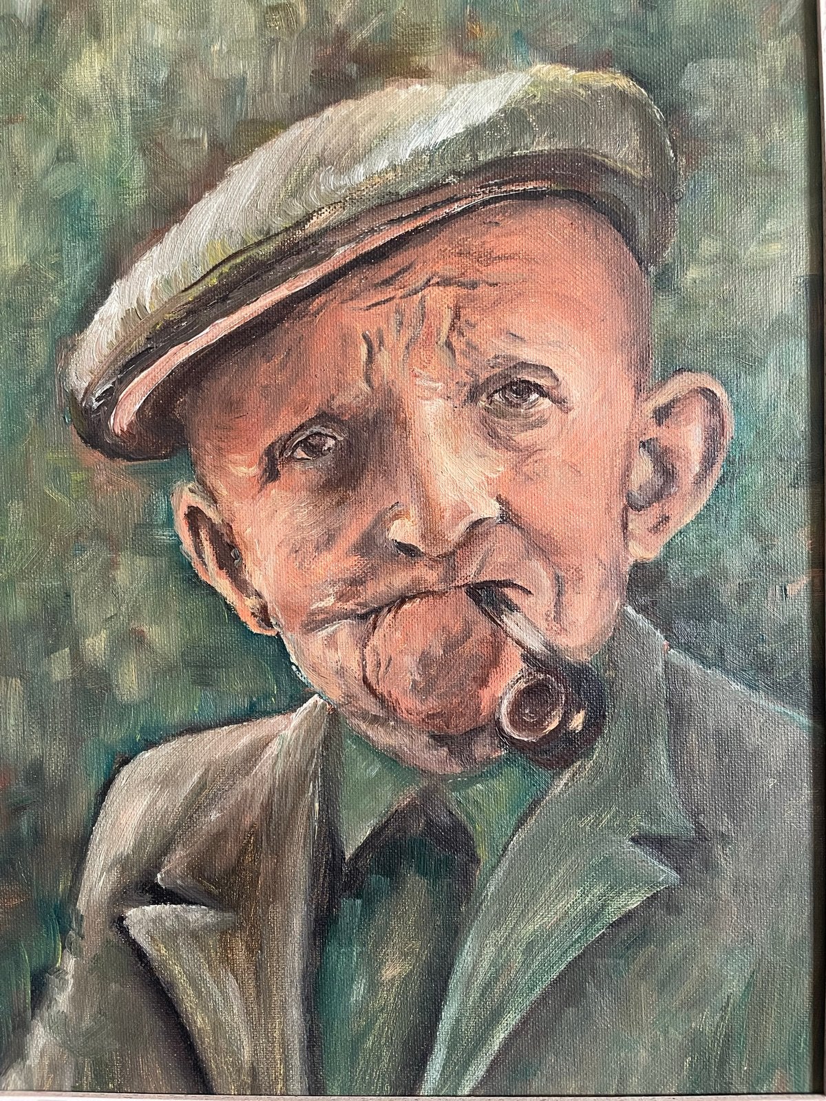 Olieverfschilderij van een man met pet en pijp, Antiek en Kunst, Paneel, Portret of Personen, Realistisch, Ophalen of Verzenden