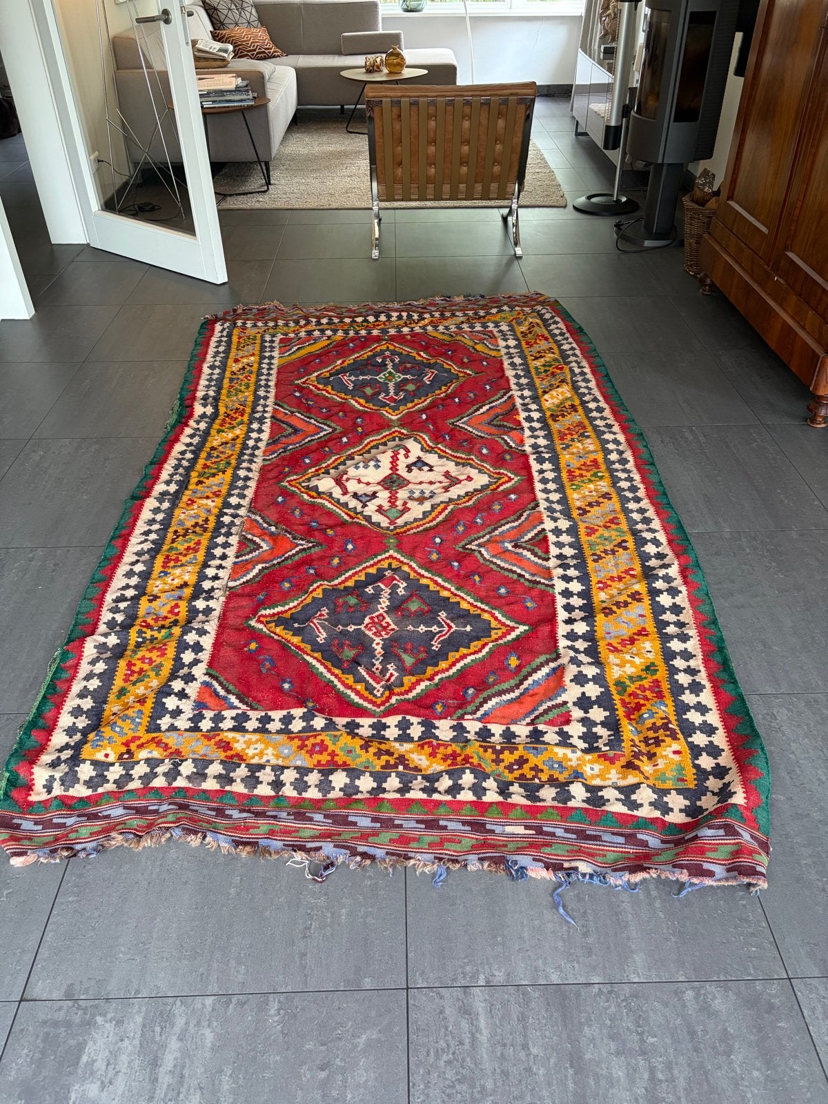 Vintage Berber tapijt met kleurrijk patroon, Gebruikt, 100 tot 150 cm, 200 cm of meer, Ophalen of Verzenden