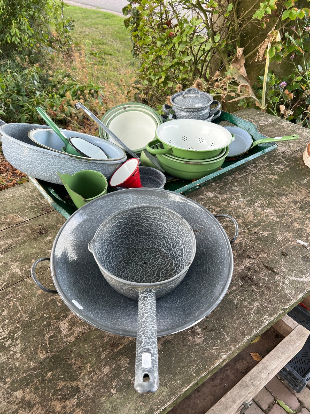 Vintage Emaille Potten en Pannen Set - Diverse Maten, Huis en Inrichting, Keuken | Potten en Pannen, Ophalen, Gebruikt, Braadpan