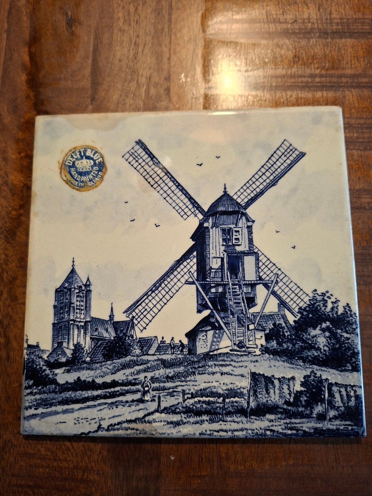 Delfts Blauw Tegel met Molen en Kerk, Ophalen of Verzenden