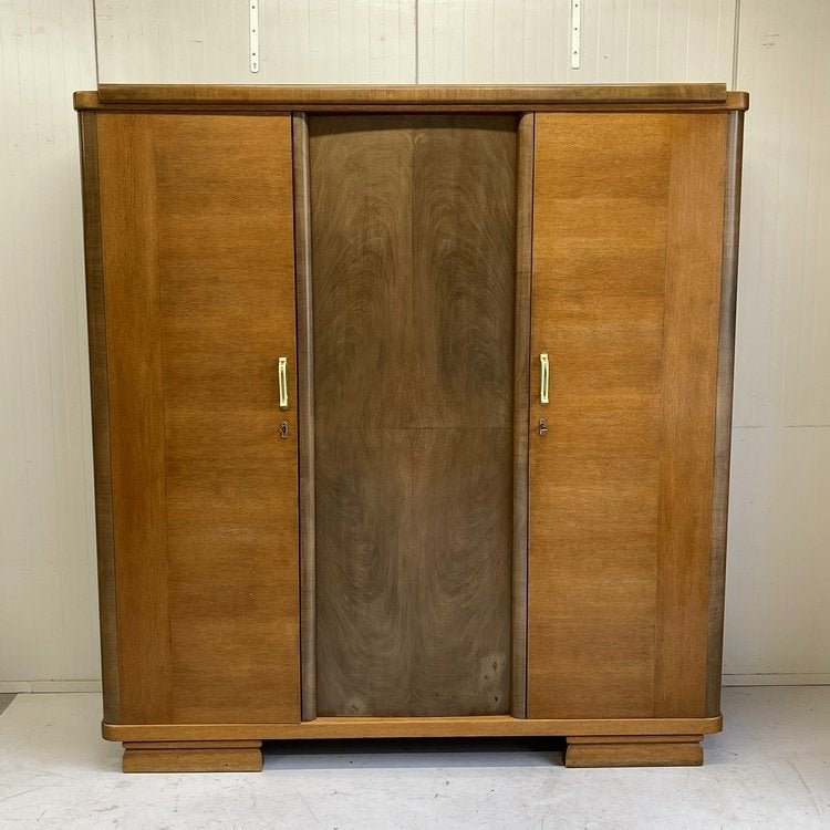 Prachtige antieke vintage Art Deco 3deurs kledingkast linnen, Ophalen, Met plank(en), 150 tot 200 cm, Onbekend
