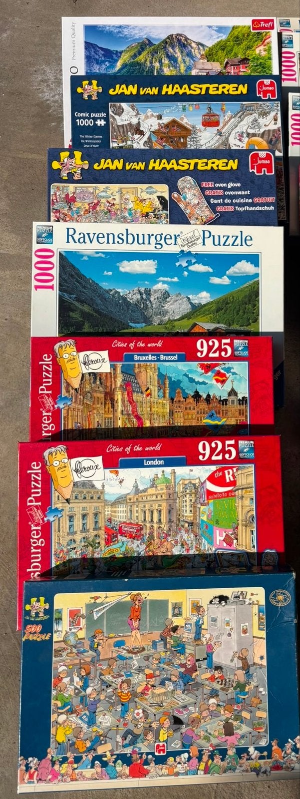 7 diverse puzzels: Jan van Haasteren, Ravensburger, Ophalen of Verzenden, 500 t/m 1500 stukjes, Gebruikt, Legpuzzel