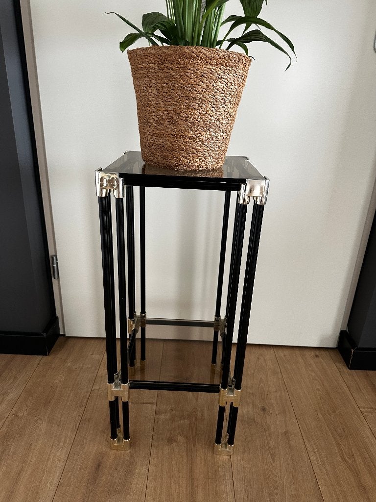 Vintage glazen metaal plantenstandaard bijzet tafel, Ophalen, Minder dan 55 cm, 60 cm of meer, Rechthoekig