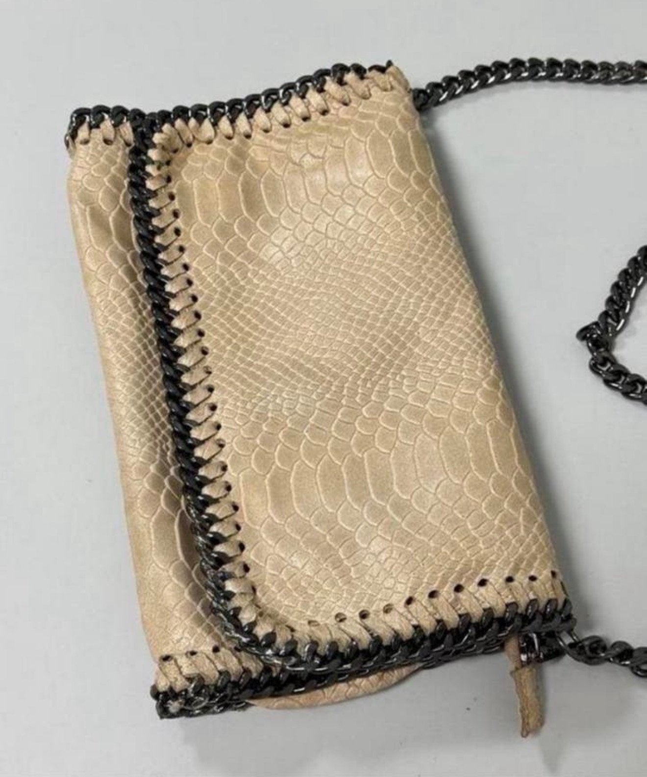 BORSE IN PELLE Italiaanse leren handtas slangenleer ketting, Schoudertasje, Beige, Ophalen of Verzenden, Zo goed als nieuw