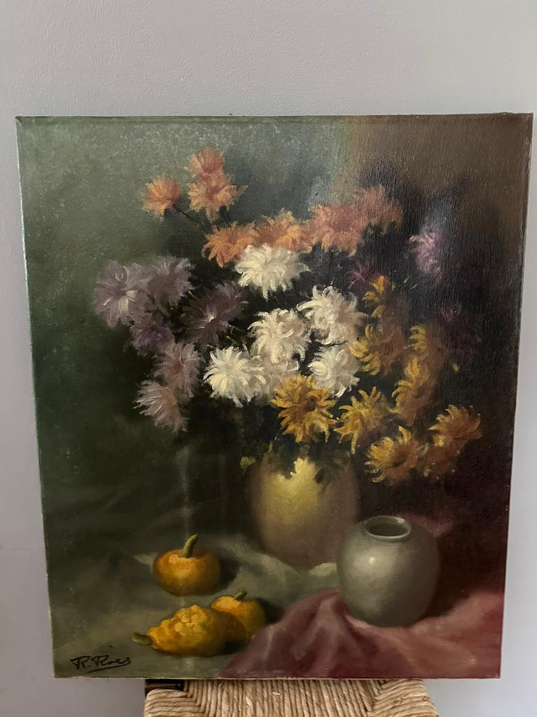 Brocante landelijk oud bloemen schilderij, Ophalen of Verzenden