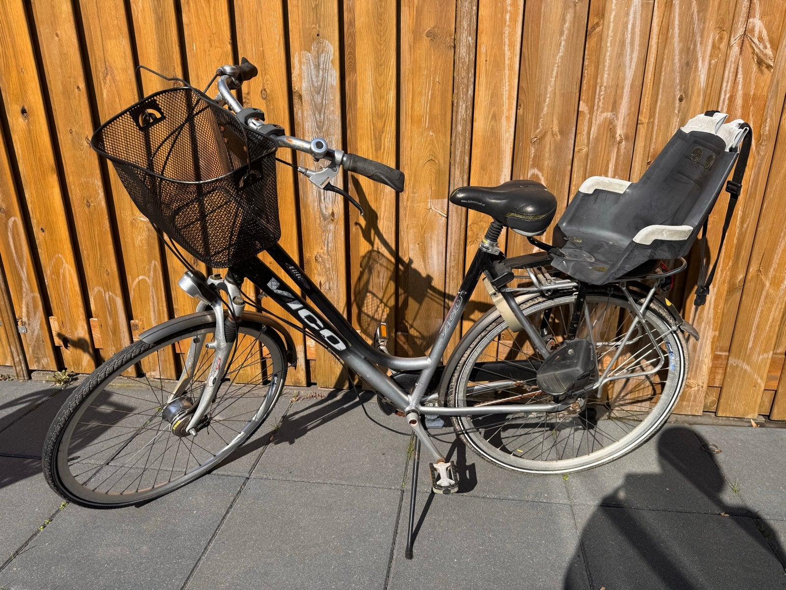 Vico damesfiets met mand en kinderzitje, Terugtraprem, Gebruikt, 50 tot 53 cm, Ophalen