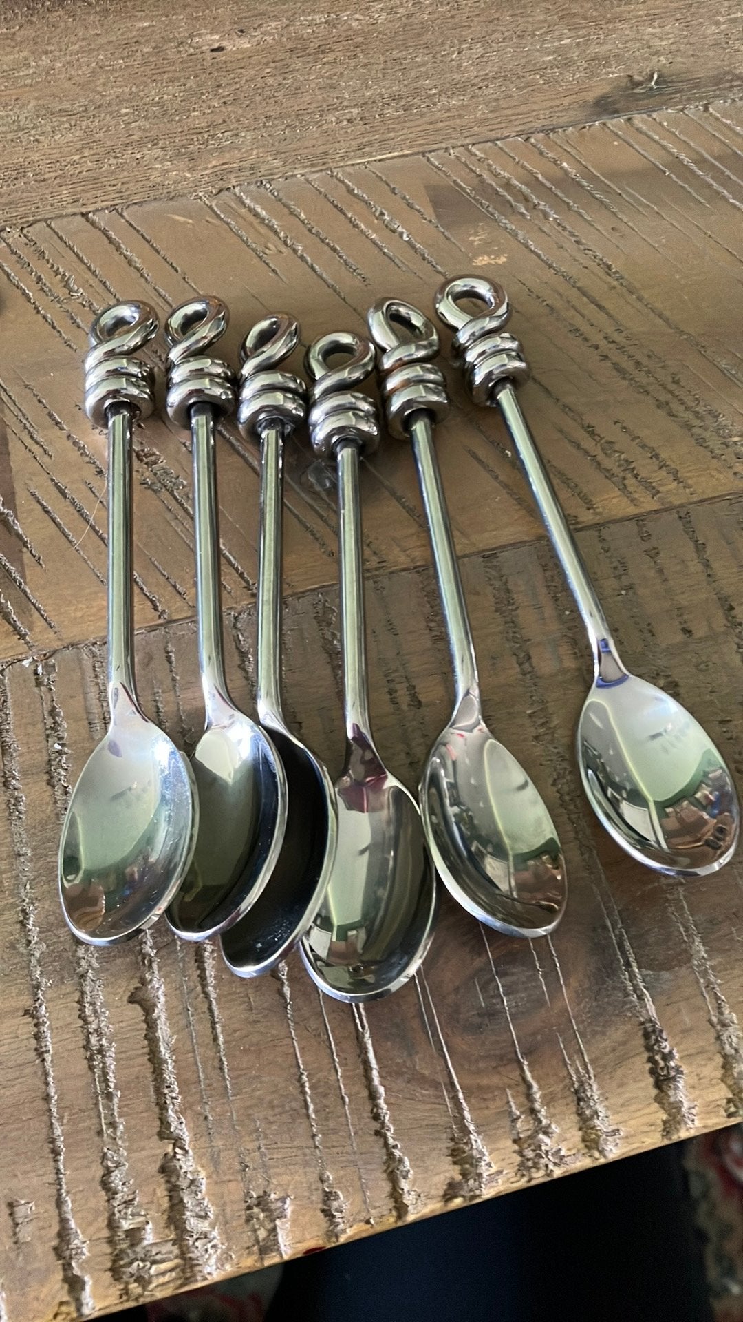 6 prachtige zware theelepels gehamerd handvat met knoop, Ophalen of Verzenden, Zo goed als nieuw, Rvs of Chroom