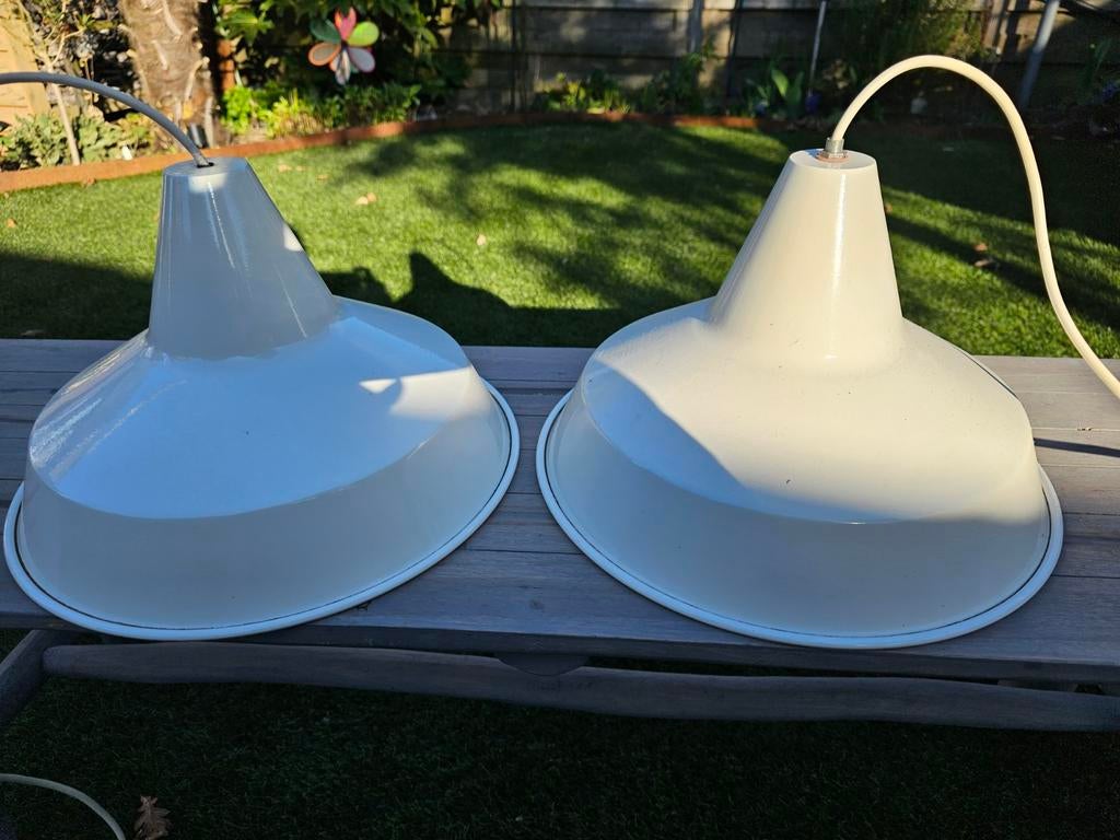 2 Vintage emaille hanglampen wit 36cm, Ophalen of Verzenden