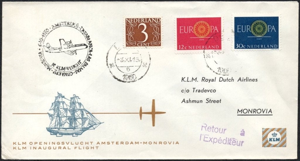 1e KLM vlucht Monrovia Liberia 1960, Verzenden, Envelop